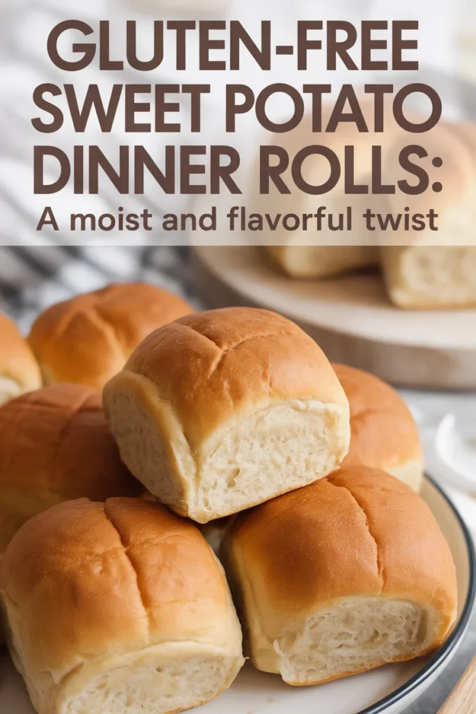 Pinterest-style collage featuring gluten-free sweet potato dinner rolls with recipe title text overlay, showing multiple angles of the finished golden rolls