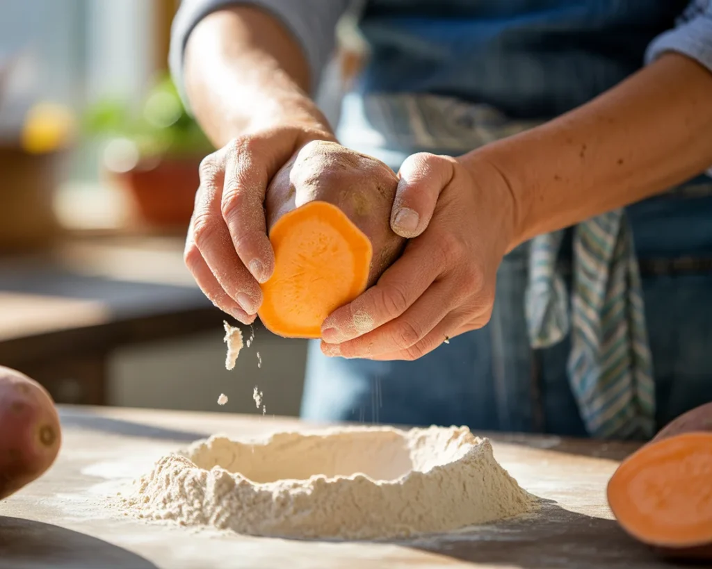 Hands mixing gluten-free flour blend with sweet potato puree, showing the orange-tinted dough coming together