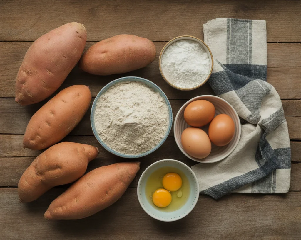 Ingredients for gluten-free sweet potato dinner rolls laid out on a counter, including roasted sweet potato, flour blend, eggs, butter, and other baking essentials