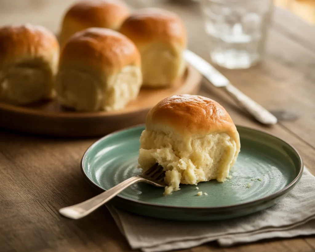 Close-up of a gluten-free sweet potato dinner roll being pulled apart with a fork, showcasing the soft, moist, fluffy interior texture with visible sweet potato color