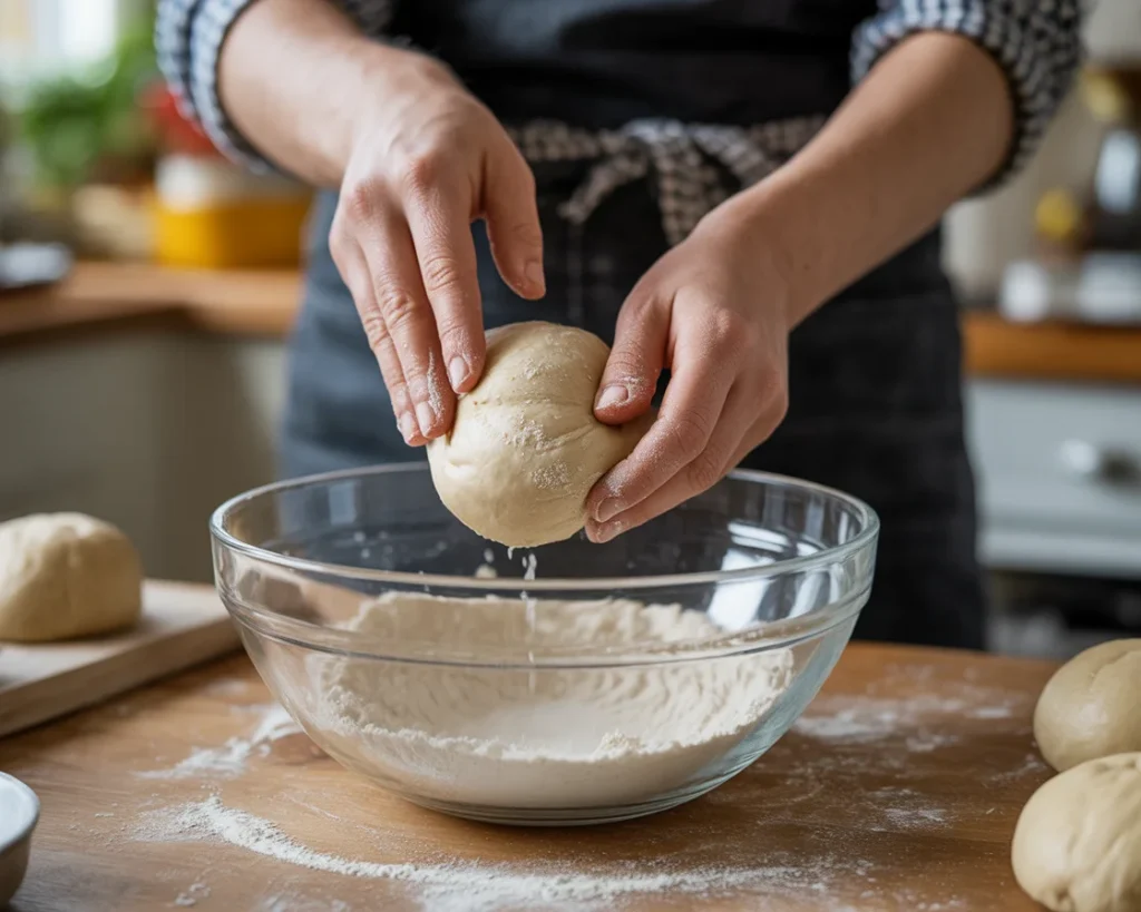 A hand shaping a dry gluten free rolls 