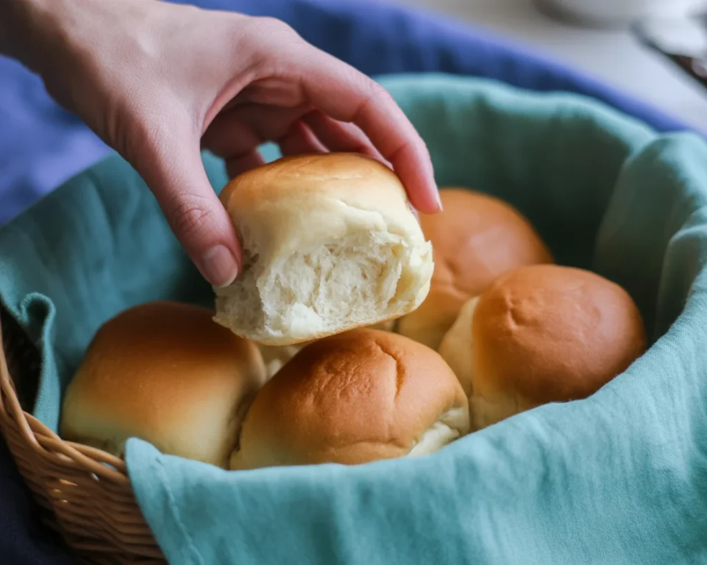a hand takes a dry gluten free roll appart from dinner rolls basket