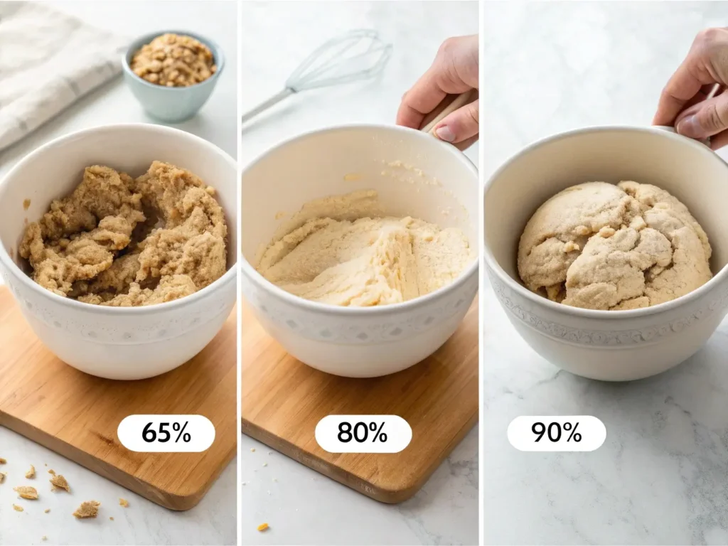 3 mixing bowls showing gluten-free dough at different hydration levels: 65% (too dry, crumbly), 80% (perfect consistency, smooth but manageable), 90% (too wet, batter-like). Each bowl labeled with percentage, hands mixing dough showing texture differences