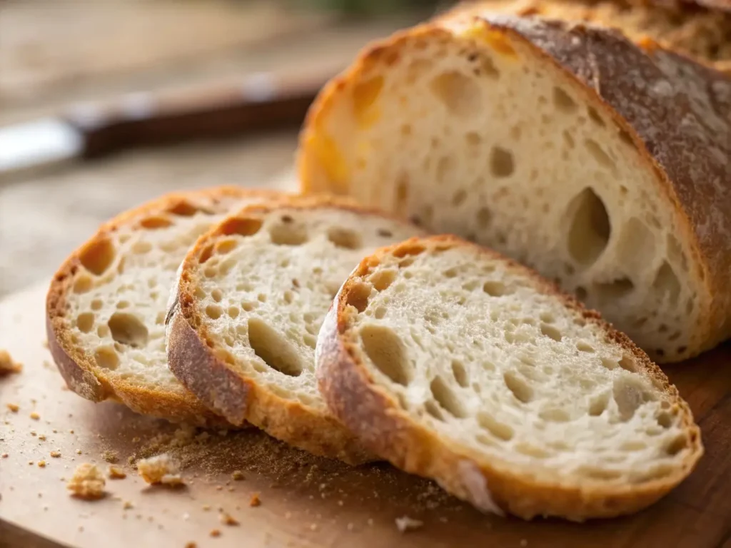 Close-up macro shot of sliced artisan gluten-free bread displaying open crumb structure with irregular air pockets and perfect airy texture.