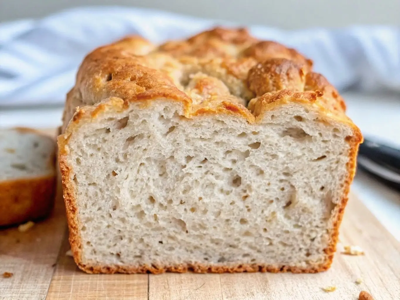 Close-up of a freshly baked gluten-free bread loaf with a golden crust and soft, airy crumb, sliced on a wooden board
