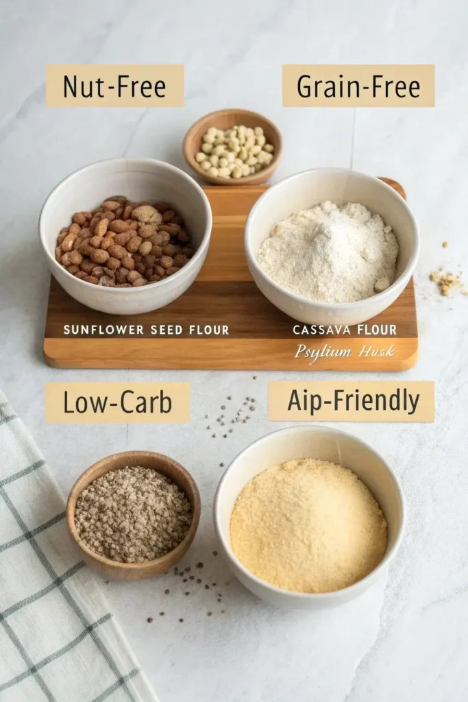 Visual graphic showing four labeled blend adaptations: Nut-Free, Grain-Free, Low-Carb, and AIP-Friendly. Each with a bowl of flour and optional ingredients like sunflower seed flour, cassava flour, psyllium husk