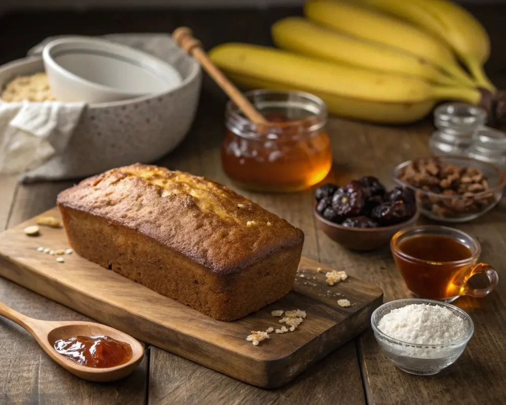 Golden gluten-free banana bread surrounded by natural sweeteners including coconut sugar, honey, maple syrup, and dates.