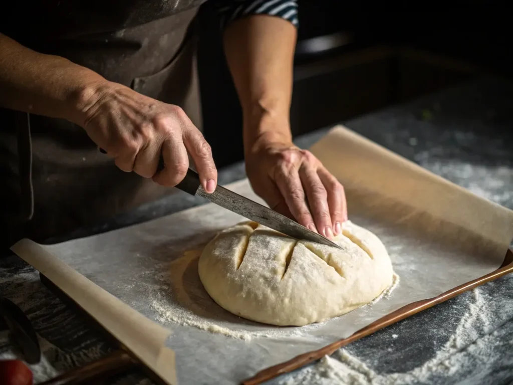Hands using a bread lame to score gluten-free dough at proper angle and depth, with dough positioned on parchment paper ready for baking.