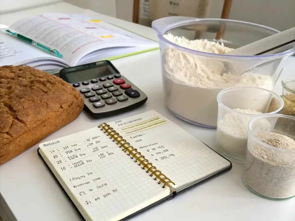 Organized recipe conversion workspace with traditional bread cookbook, calculator, conversion notes, measuring cups with various gluten-free flours, and xanthan gum container.