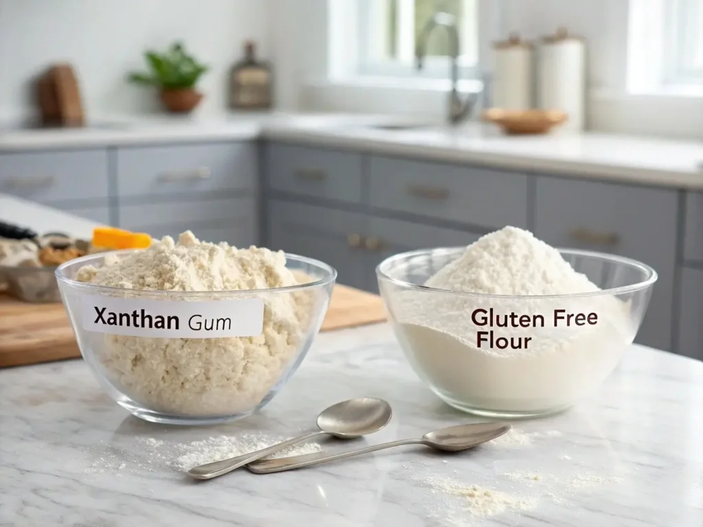 Split-screen comparison showing two bowls of flour mixture - left side shows regular wheat flour with gluten strands visible, right side shows gluten-free flour blend