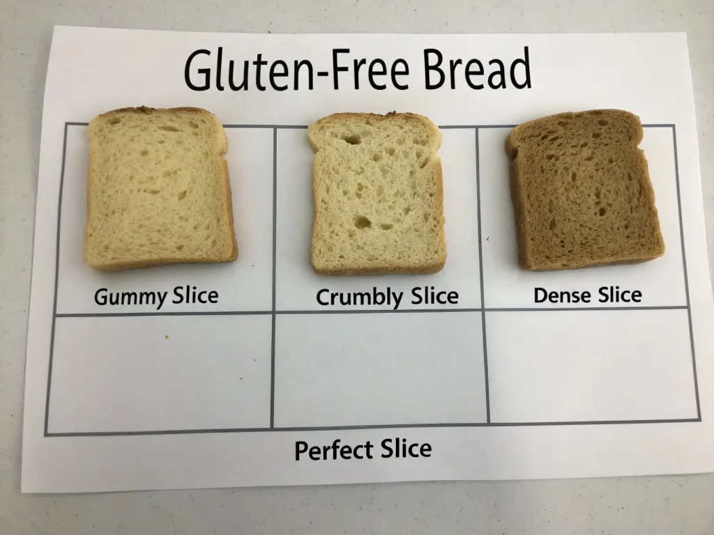 Three-panel diagnostic comparison showing gluten-free bread texture issues: gummy slice, crumbly slice, dense slice with labels.