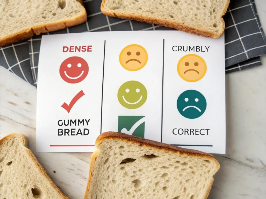 Visual checklist graphic: Common Bread Problems (dense, crumbly, gummy, etc.) shown as illustrations with emoji-style sad faces next to wrong breads and happy face with “Fixed” bread
