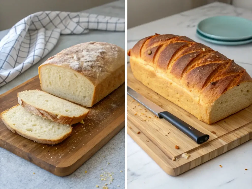 a before and after comparison: left side shows a dense, flat, pale gluten-free loaf (failure), right side shows beautiful artisan loaf with perfect golden crust, good height, and open crumb structure (success).