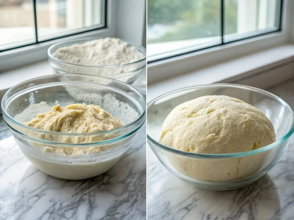 a before-and-after comparison of gluten-free dough during autolyse process. Left: initial shaggy mixture of flour and water. Right: same dough after 45 minutes showing smooth, cohesive texture.