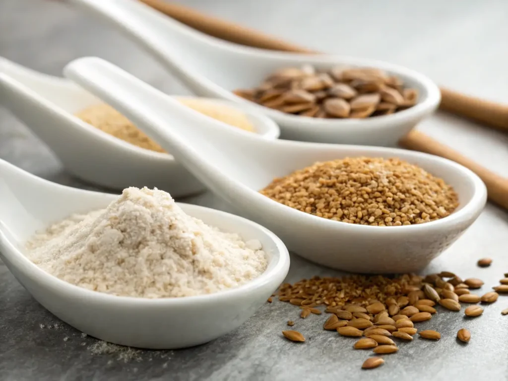 a binding agents: close-up shots of xanthan gum powder, psyllium husk granules, and ground flax seeds in individual white ceramic spoons. Showing texture details.