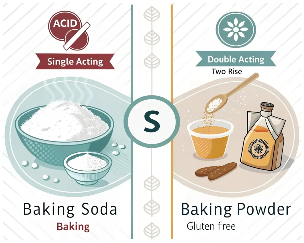 Comparison infographic of baking soda versus baking powder for gluten-free bread: baking soda requires external acid and provides single-action lift, while baking powder contains built-in acid for double-action rise