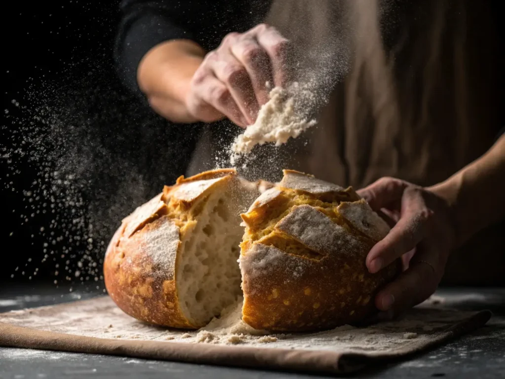 Stunning close-up of hands breaking apart a perfectly baked gluten-free sourdough bread, capturing the exact moment the crispy crust shatters with visible crack lines.