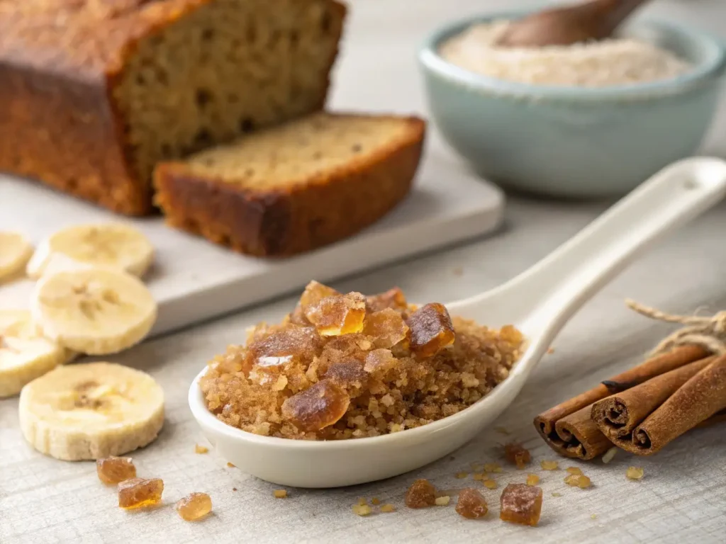 Close-up of coconut sugar granules showing caramel color and texture, with banana bread slice.