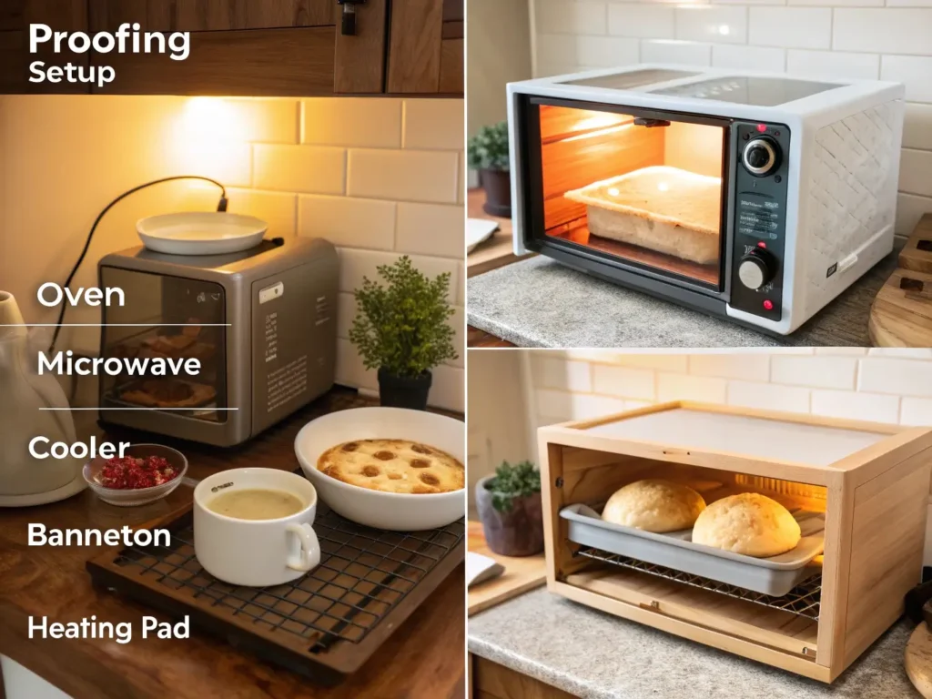 a collage showing 4 different DIY proofing setups: oven with light on and dough inside, microwave with hot water cup and covered dough, cooler with warm water bowl and banneton, heating pad under proofing box.