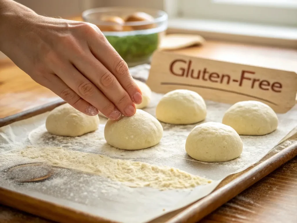 demonstration of the poke test on gluten-free dough. Show finger gently poking proofed dough with the resulting indent slowly filling back partially (perfect proof stage).