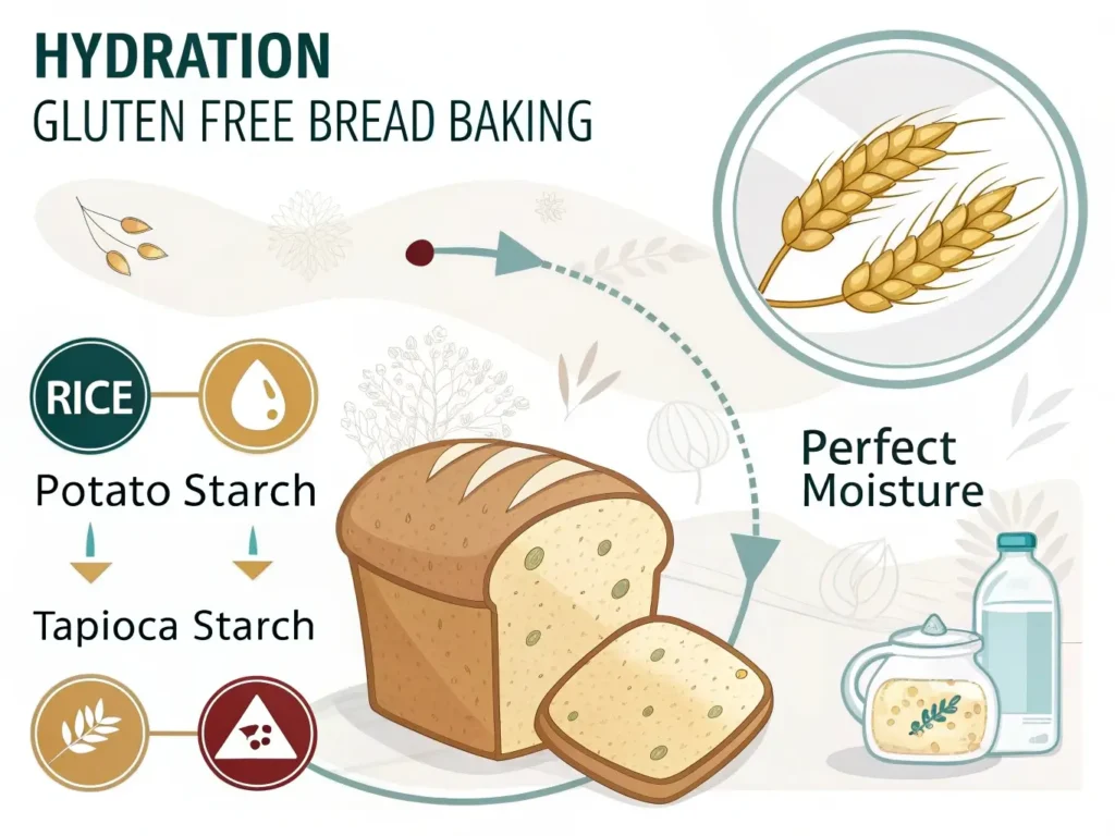 Infographic showing hydration importance and flour absorption rates in gluten-free baking.