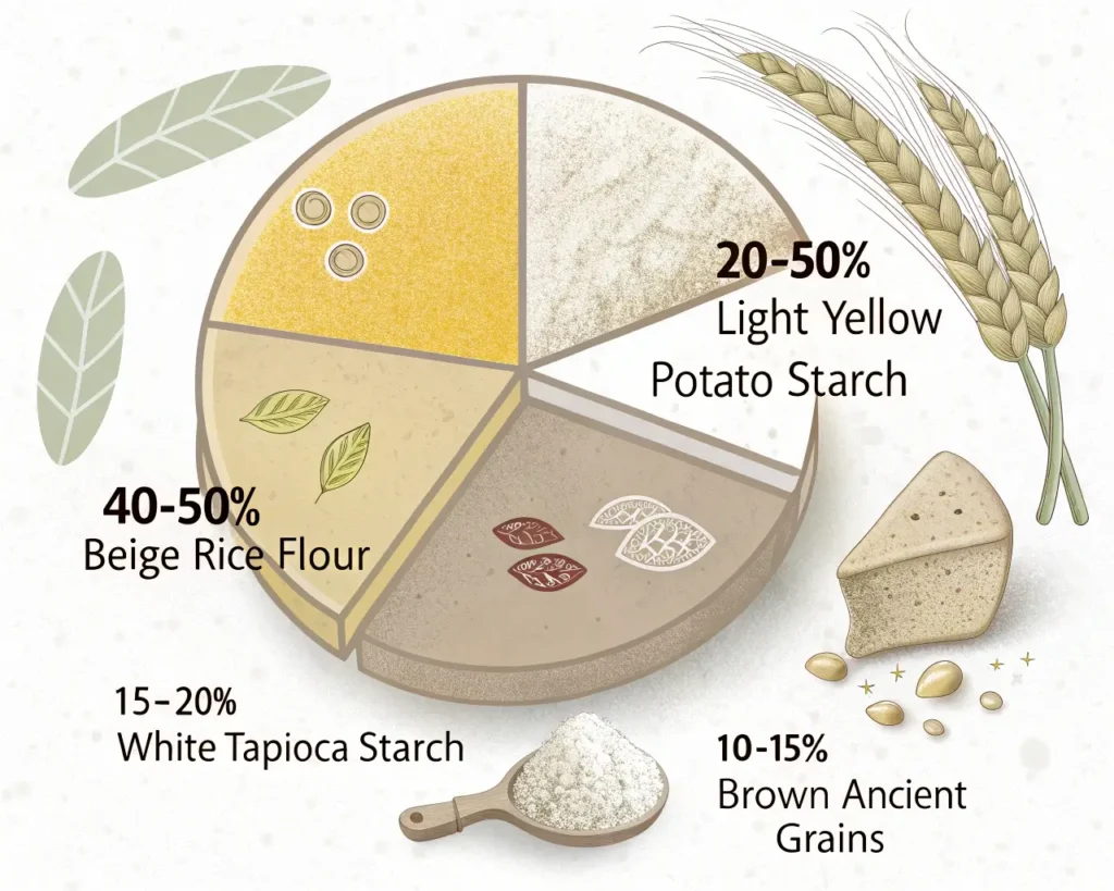 Pie chart showing optimal gluten-free flour blend ratios for yeast-free bread: 45% rice flour, 22% potato starch, 18% tapioca starch, and 15% protein-rich ancient grains for best structure and texture