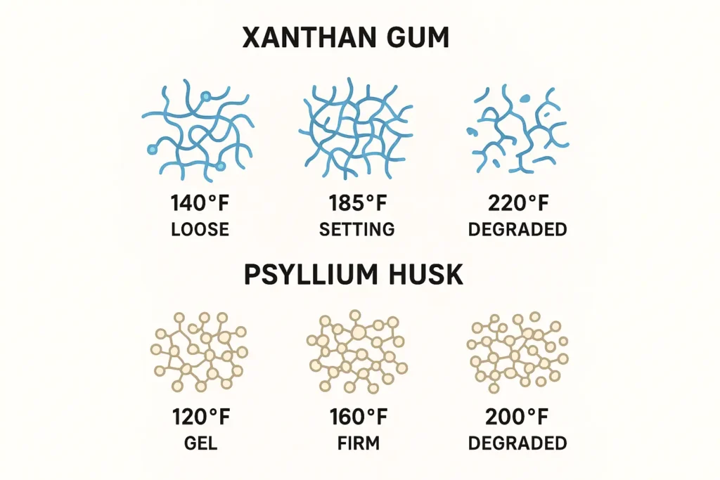 Scientific infographic illustrating xanthan gum and psyllium husk molecular behavior at different temperature ranges from 120°F to 220°F in gluten-free bread baking