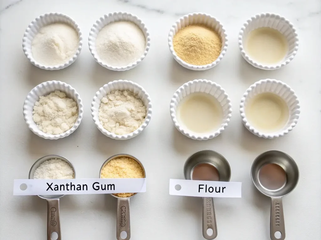 Overhead view of measuring spoons with varying amounts of xanthan gum paired with corresponding flour cup measurements, arranged in organized grid with labels.