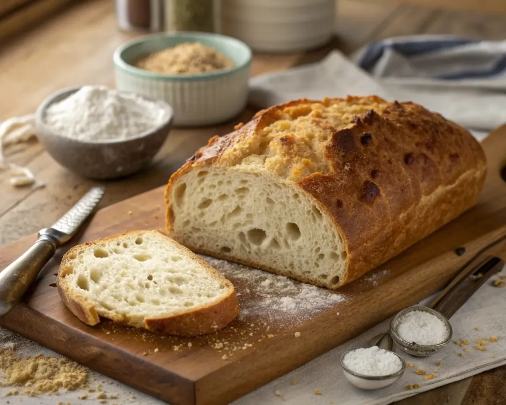 a photography of freshly baked artisan gluten-free bread loaf with golden-brown crust, cut to show perfect open crumb structure with irregular holes, placed on rustic wooden cutting board with scattered xanthan gum powder and measuring spoons.