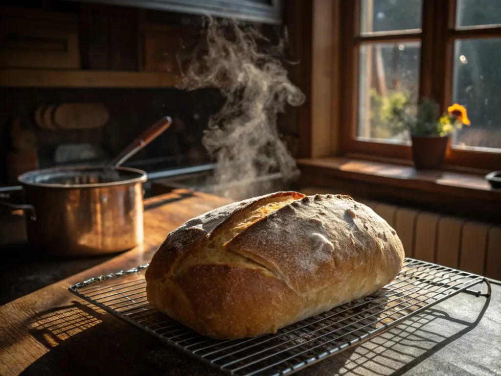 Artistic shot of a freshly baked gluten-free sourdough loaf cooling on a wire rack with visible steam rising from the crust.