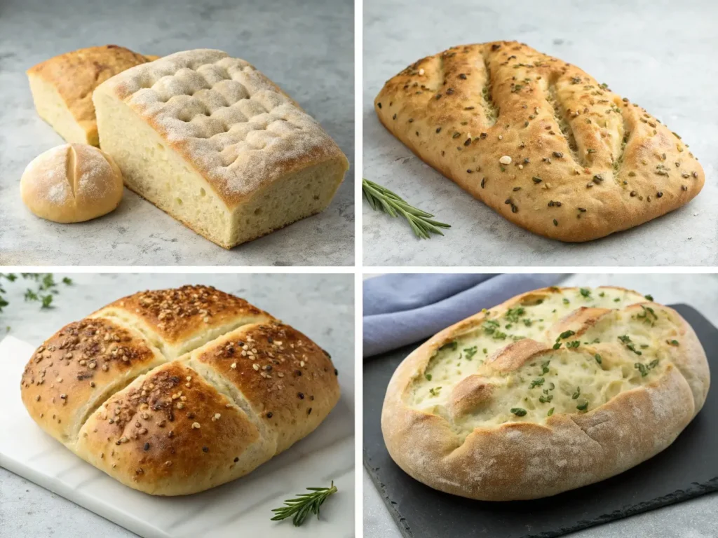 Gallery of international yeast-free gluten-free bread styles: traditional Irish soda bread with cross scoring, herb-topped Italian focaccia, oval-shaped naan flatbread, and classic American quick bread loaf