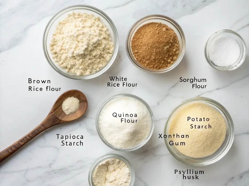 premium gluten-free flour ingredients arranged in small glass bowls: brown rice flour, white rice flour, sorghum flour, quinoa flour, potato starch, tapioca starch, xanthan gum, psyllium husk