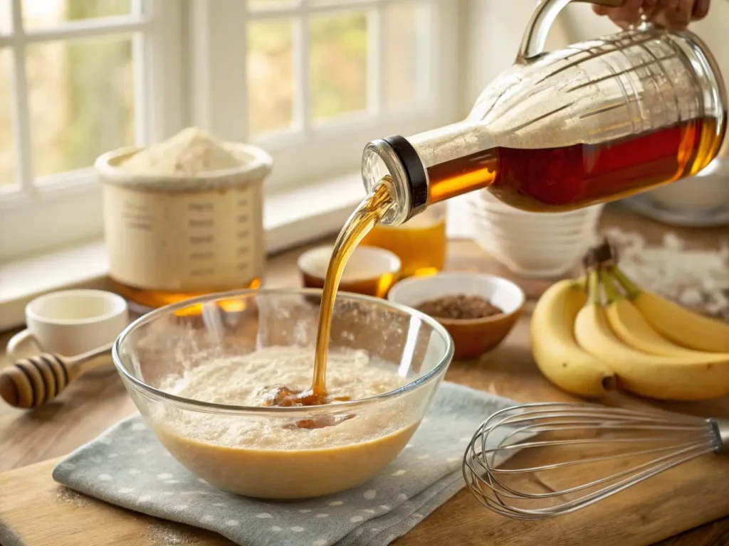 Maple syrup being poured into banana bread batter, showing liquid sweetener integration.