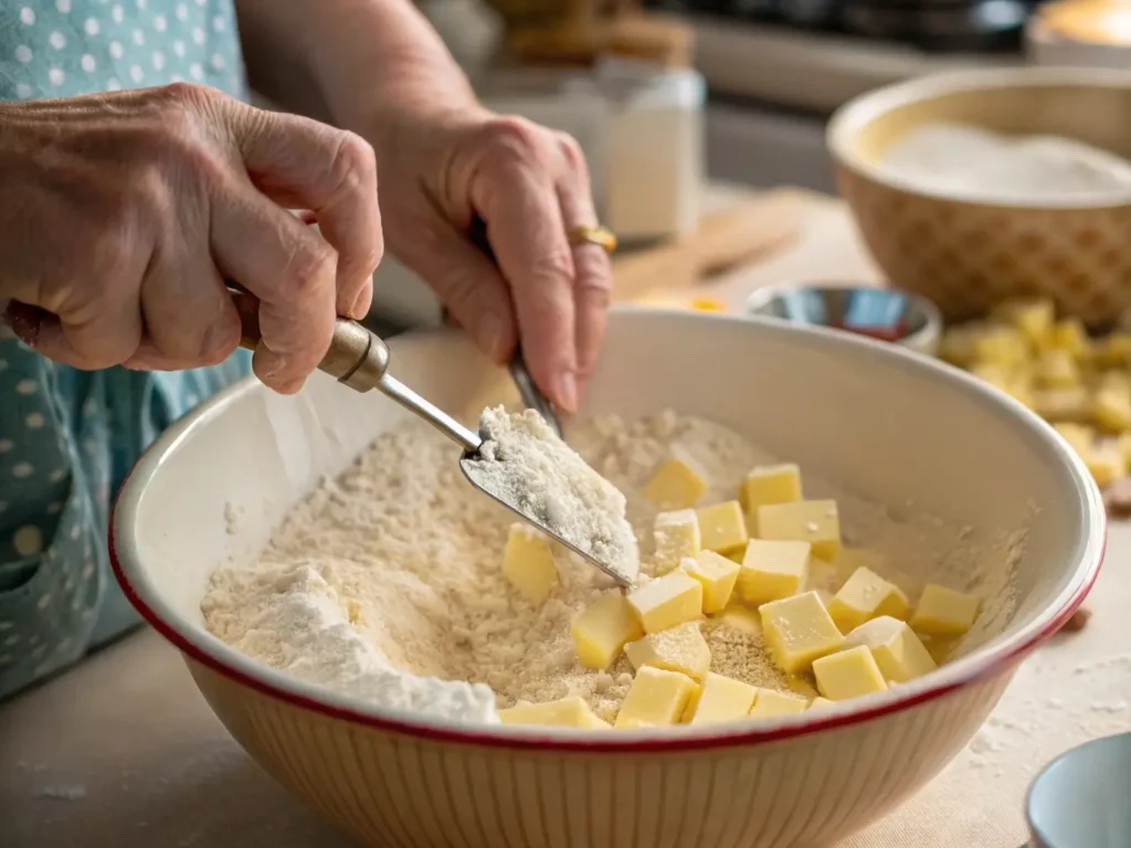 Close-up of hands cutting cold butter into gluten-free flour mixture with pastry cutter, showing proper pea-sized butter pieces