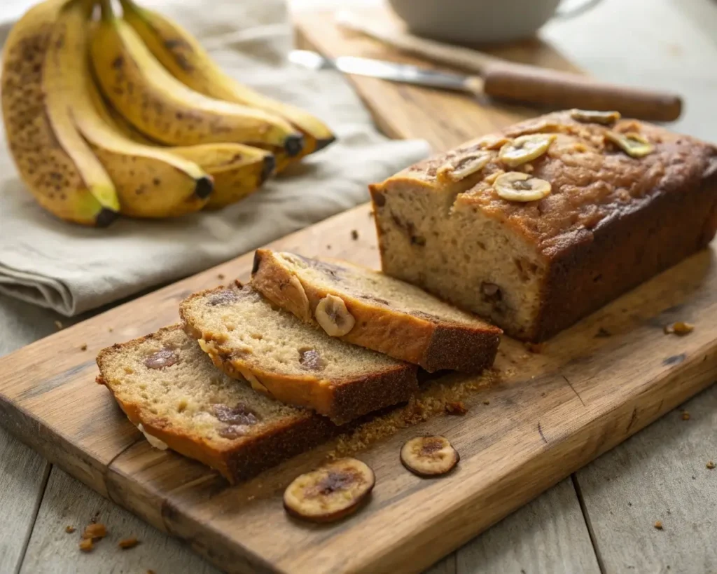 Sliced gluten-free banana bread on wooden cutting board with overripe bananas, showing moist golden texture