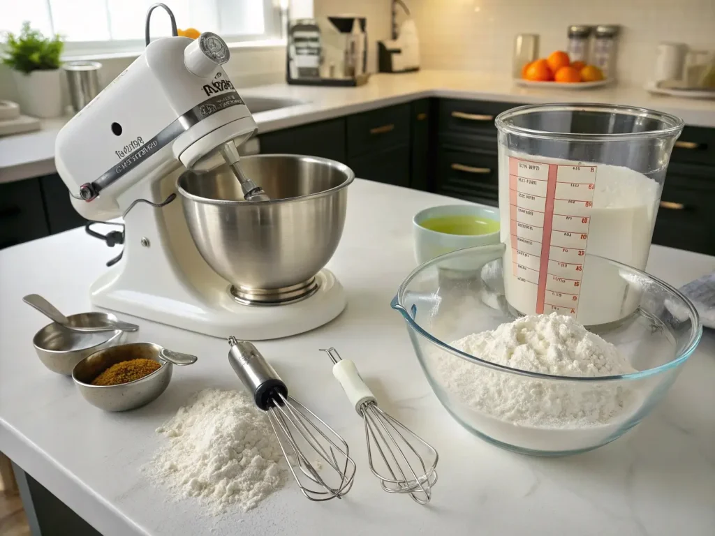 Professional kitchen setup with stand mixer, paddle attachment, measuring tools, xanthan gum slurry, and gluten-free flour blend organized on white countertop.
