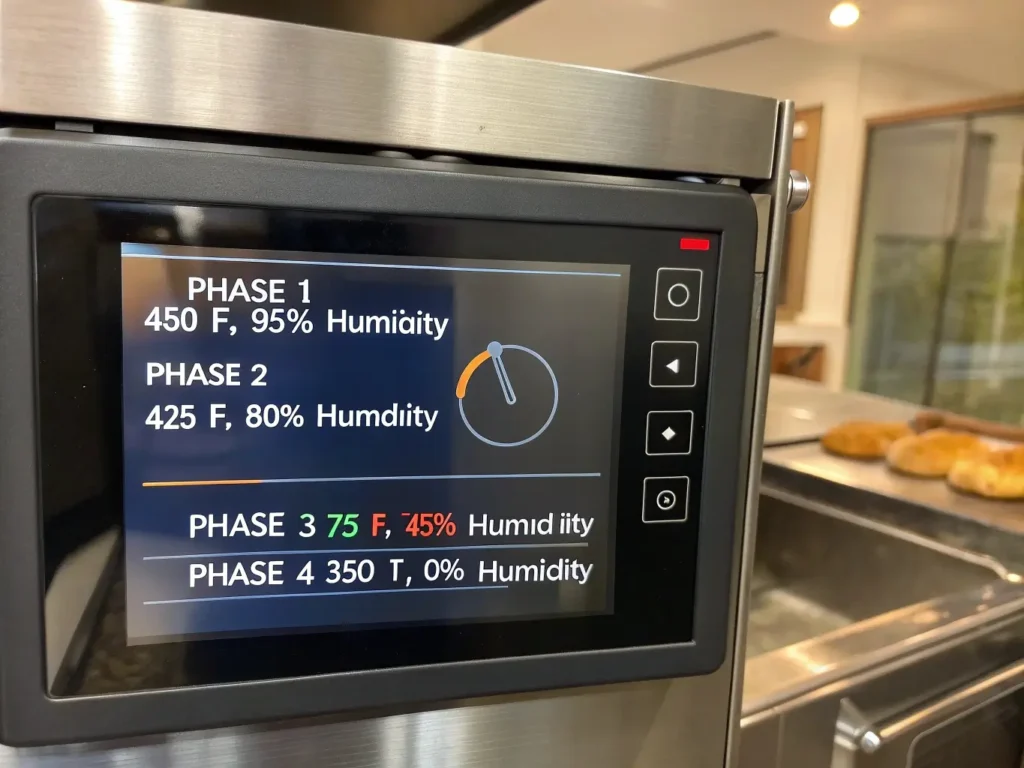 Steam oven programming interface displaying four-phase baking profile for gluten-free bread with temperature and humidity curves from 450°F to 350°F