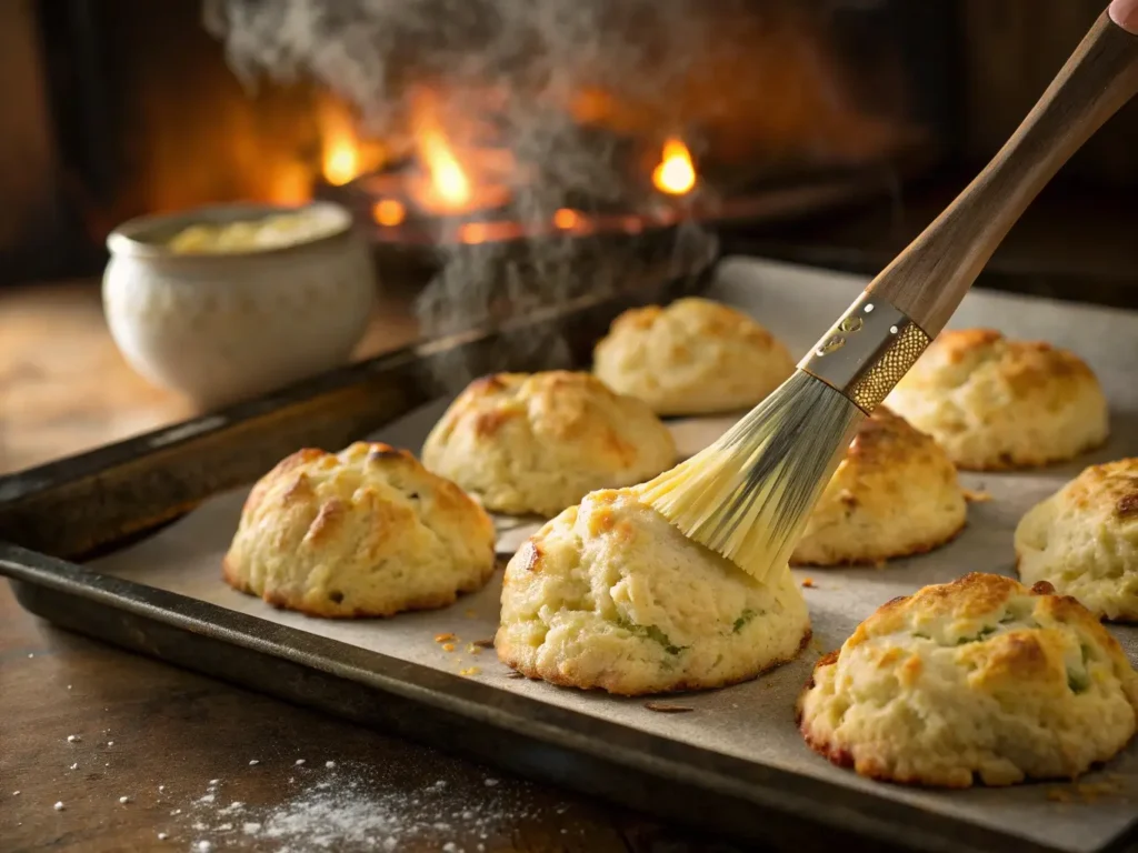 Freshly baked golden-brown gluten-free drop biscuits on baking sheet being brushed with garlic butter
