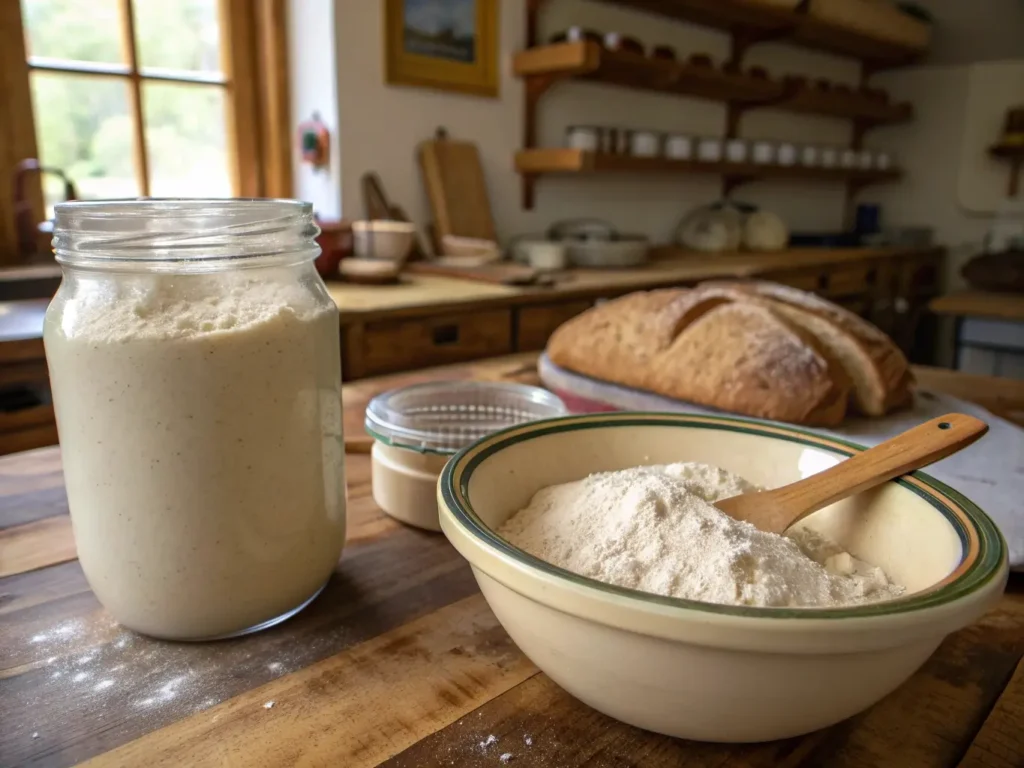 Rustic sourdough baking setup with active gluten-free starter in glass jar, pre-hydrated xanthan gum bowl, flour blend, and wooden spoon on kitchen counter.