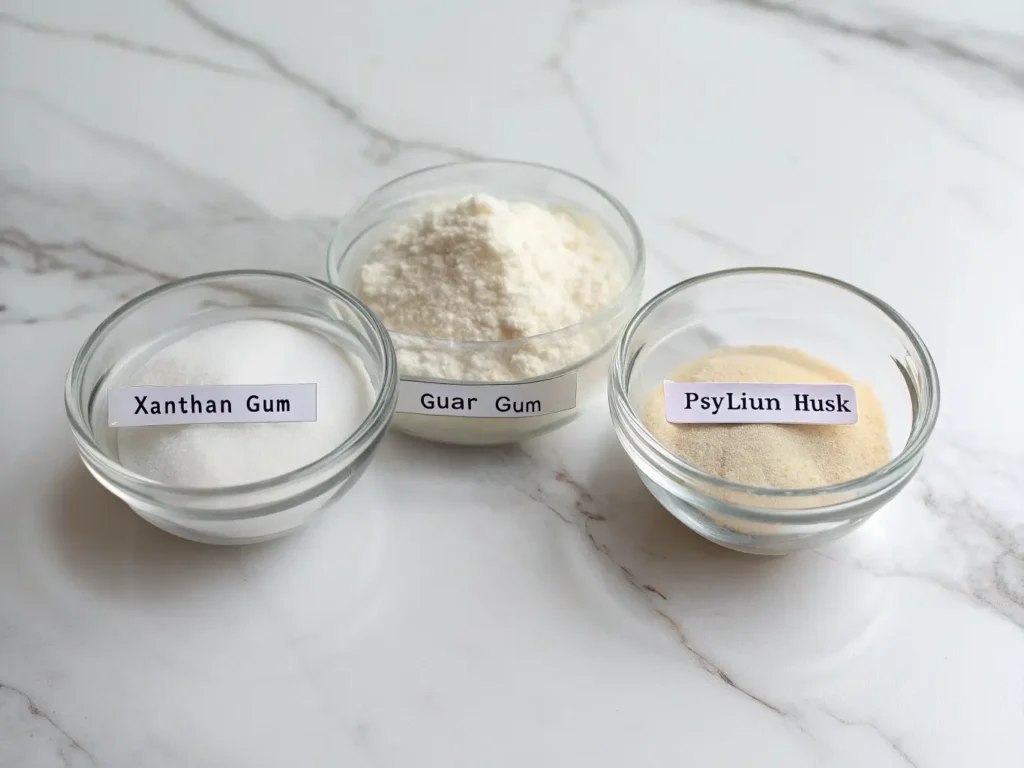 Comparison of three gluten-free binding agents in glass bowls: fine white xanthan gum powder, coarser guar gum, and brown psyllium husk powder on marble surface.