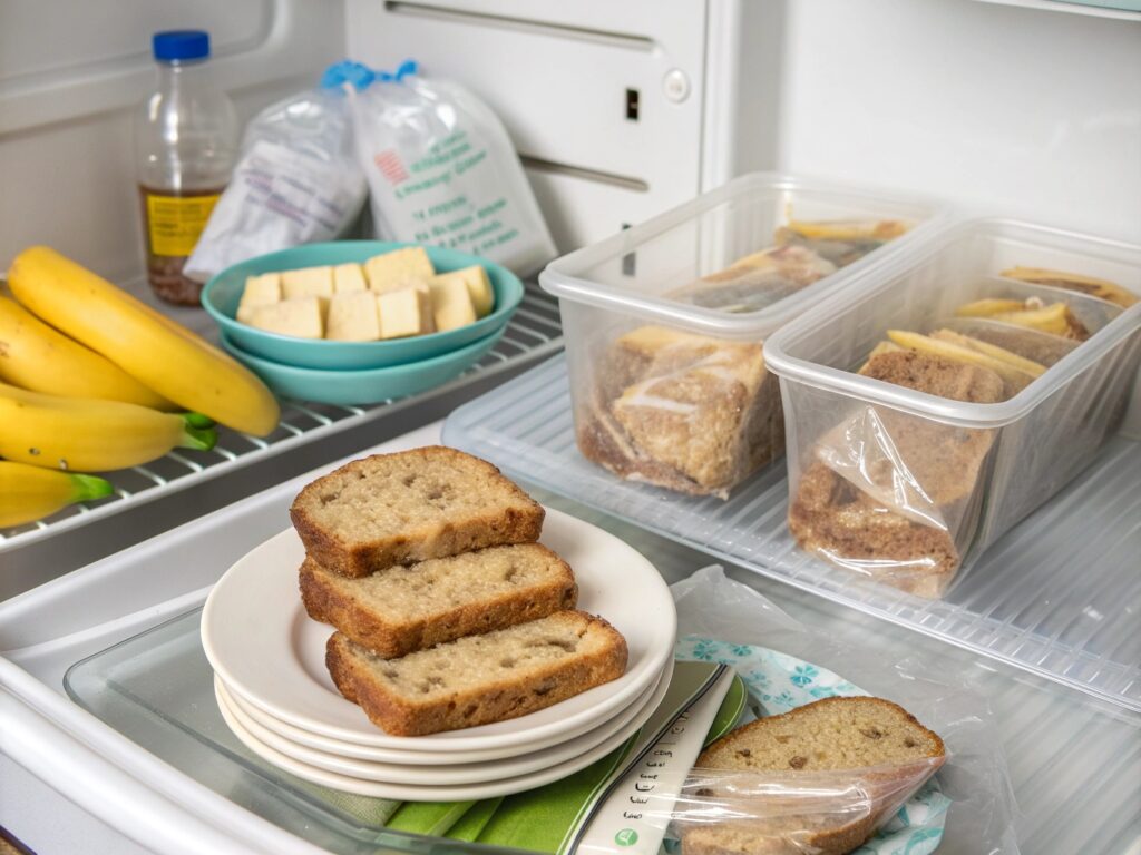 Proper storage methods for gluten-free banana bread showing wrapped slices and freezer storage options