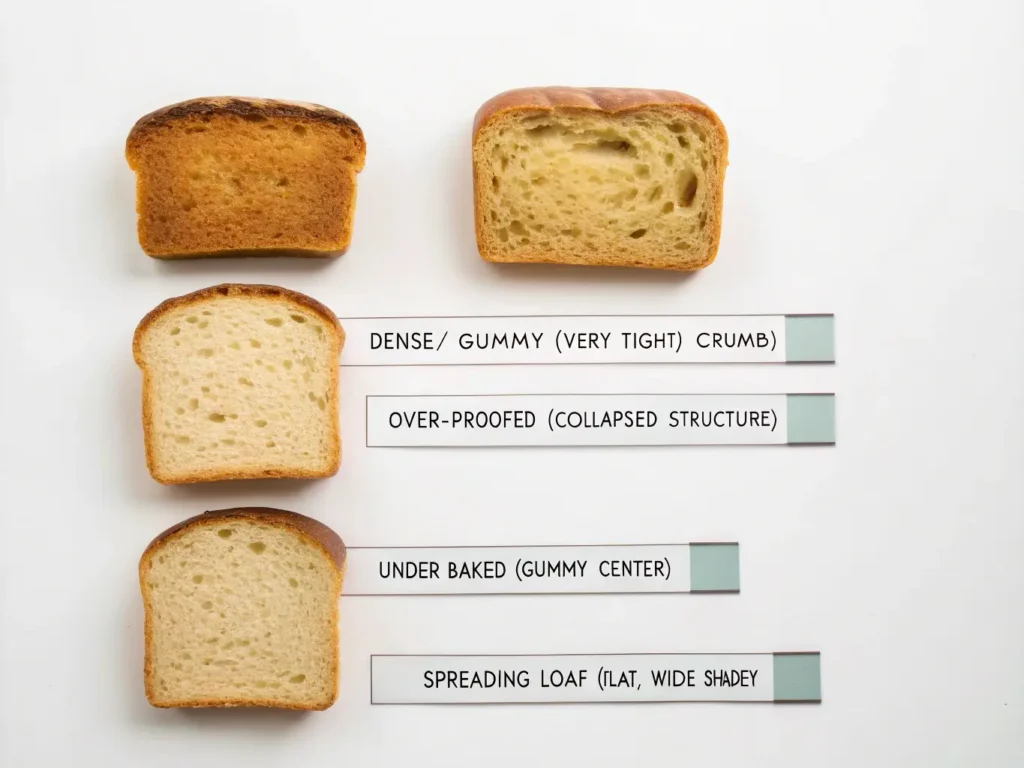 a problem identification chart showing cross-sections of 4 different failed gluten-free loaves: dense/gummy (very tight crumb), over-proofed (collapsed structure), under-baked (gummy center), and spreading loaf (flat, wide shape). Each labeled with problem name.