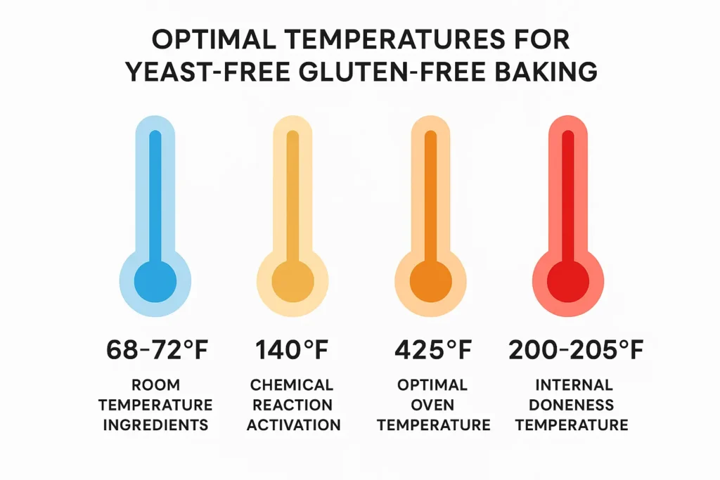 Temperature chart for yeast-free gluten-free bread baking showing critical temperatures: room temperature ingredients at 70°F, chemical leavening activation at 140°F, oven preheated to 425°F, and internal doneness at 203°F