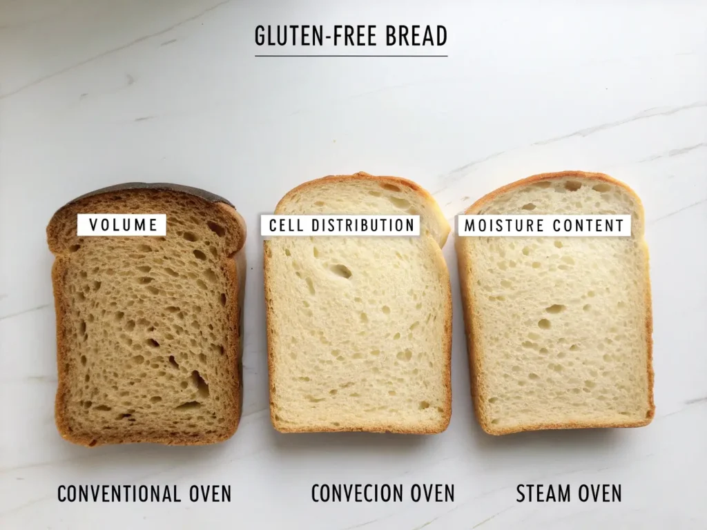 Cross-section comparison of gluten-free bread quality showing texture differences between conventional, convection, and steam oven baking methods with crumb structure metrics