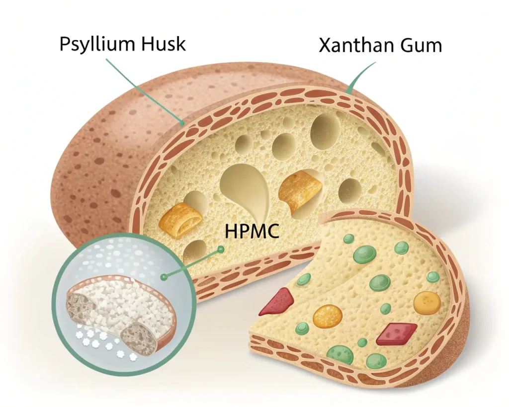 Cross-section diagram of gluten-free bread dough showing hydrocolloid functions: psyllium husk forming gel networks for elasticity, xanthan gum stabilizing air bubbles, and HPMC providing structural binding without gluten
