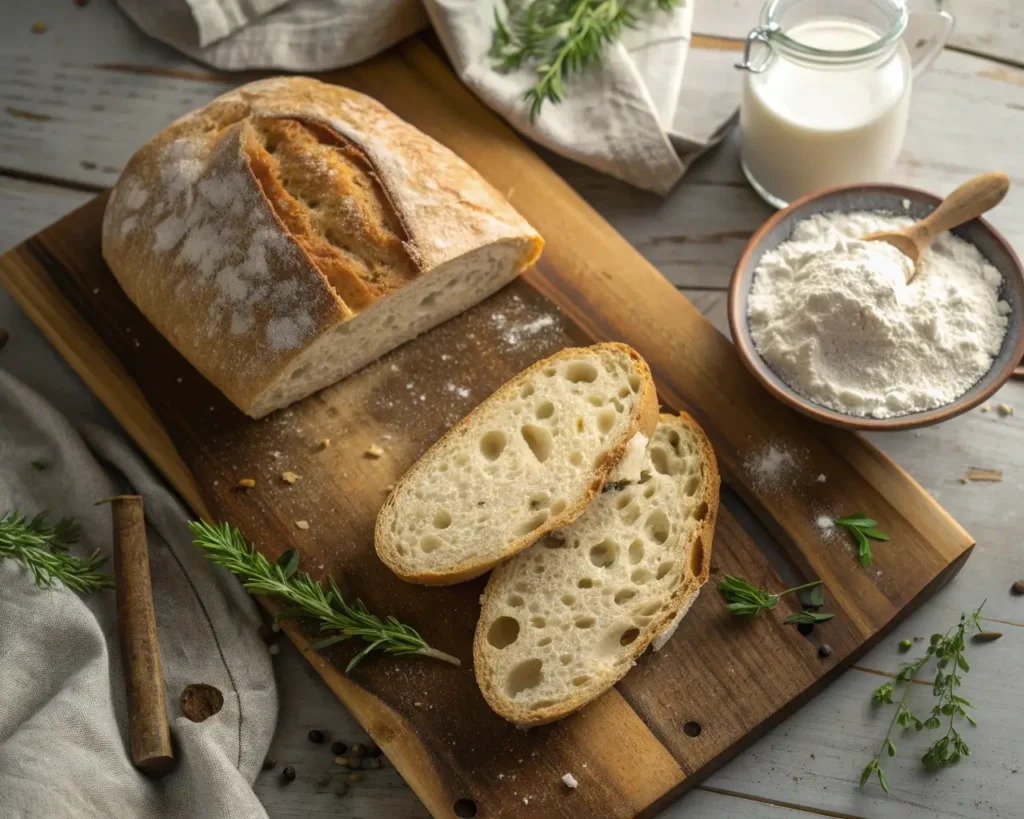 Freshly baked golden-brown gluten-free bread with open crumb texture on wooden cutting board, showing results from yeast-free chemical leavening method