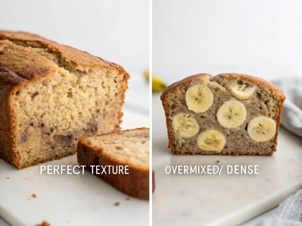 Comparison of perfect fluffy gluten-free banana bread texture versus dense overmixed result