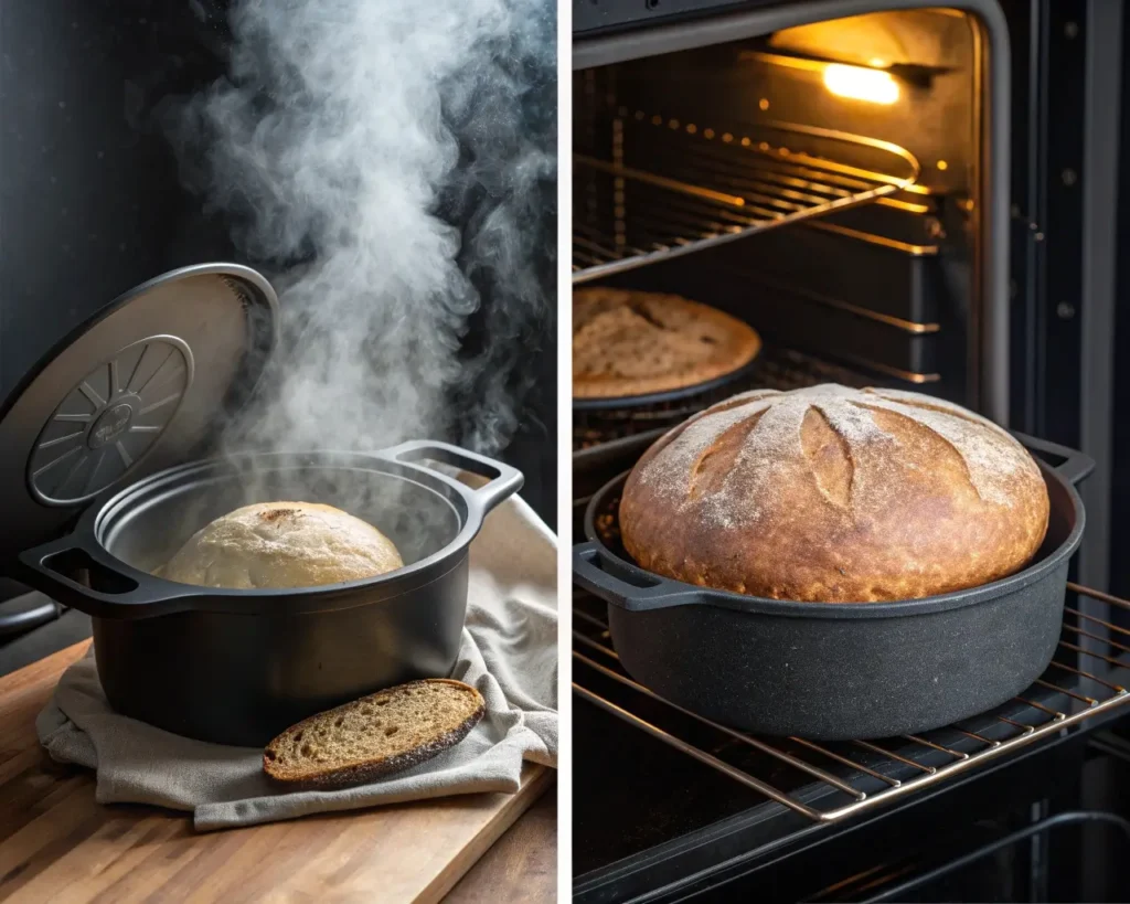 a split image showing two steam generation methods: left side shows Dutch oven with lid being removed revealing steaming bread, right side shows oven with pan of boiling water on bottom rack and bread on baking stone above.