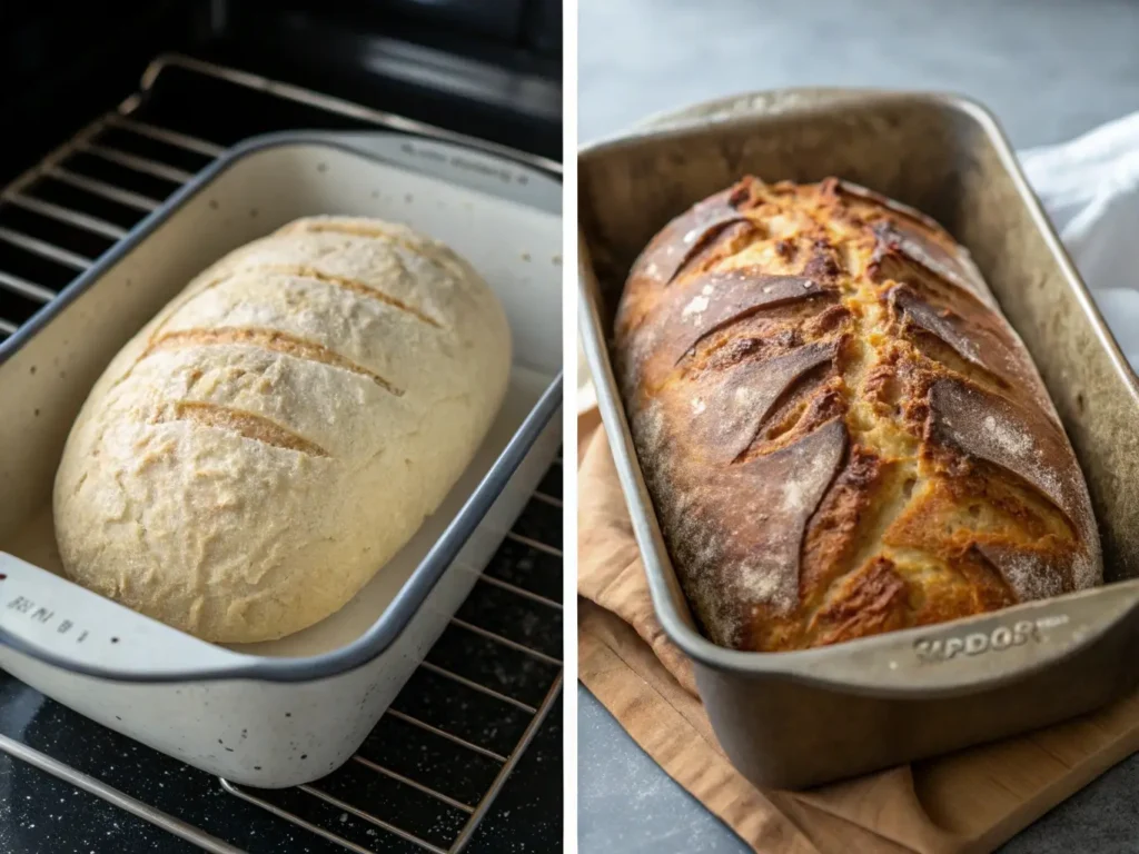Split-screen comparison showing the same gluten-free sourdough loaf at two baking stages. Left side: early baking stage with pale color and visible oven spring expansion. Right side: final stage with deep golden-brown crispy crust.