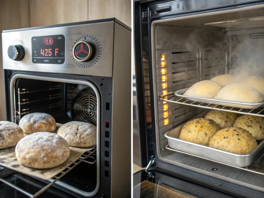 Professional comparison of two oven types for gluten-free bread baking: conventional oven at 425°F, convection oven with air circulation, and steam oven with humidity control